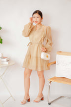 Alea Puffy Dress with Sash in Khaki