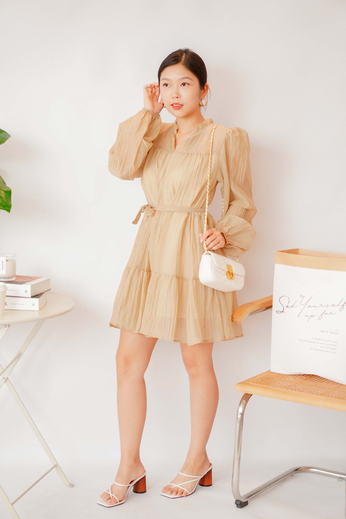 Alea Puffy Dress with Sash in Khaki