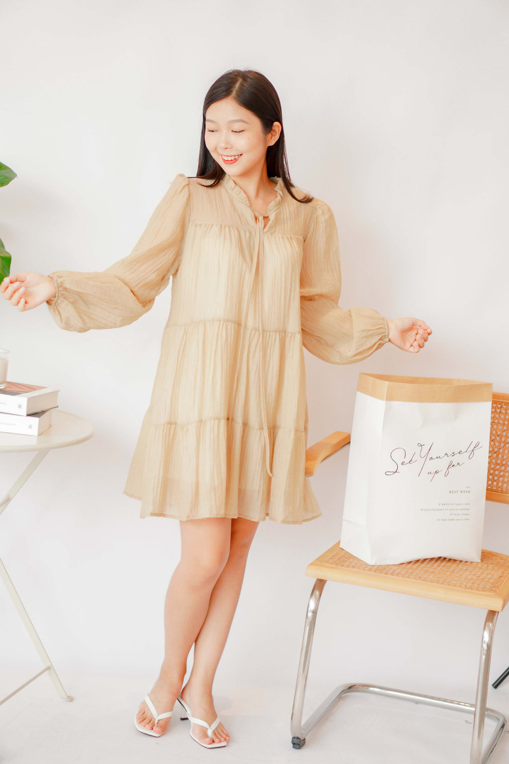 Alea Puffy Dress with Sash in Khaki