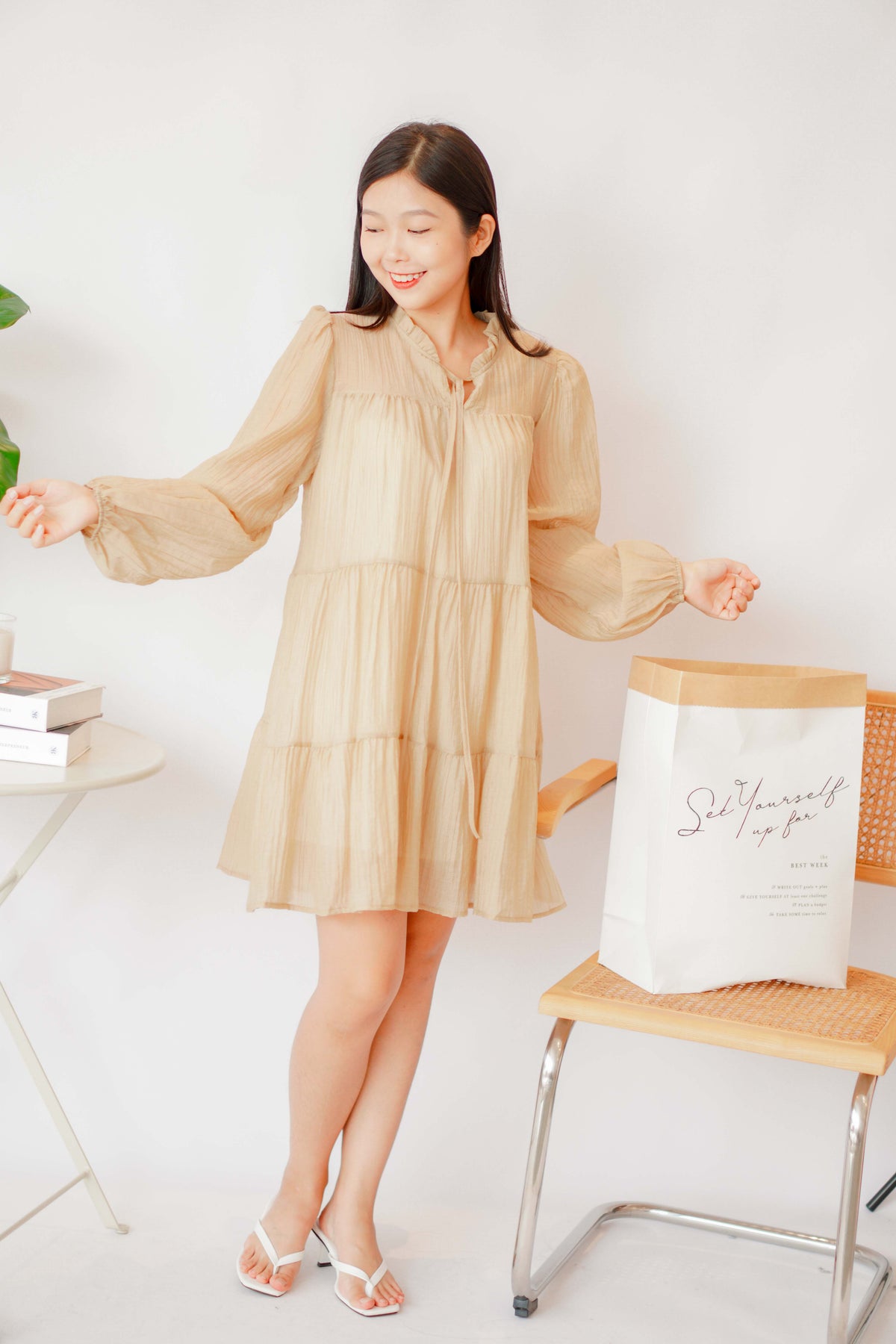 Alea Puffy Dress with Sash in Khaki