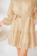 Alea Puffy Dress with Sash in Khaki