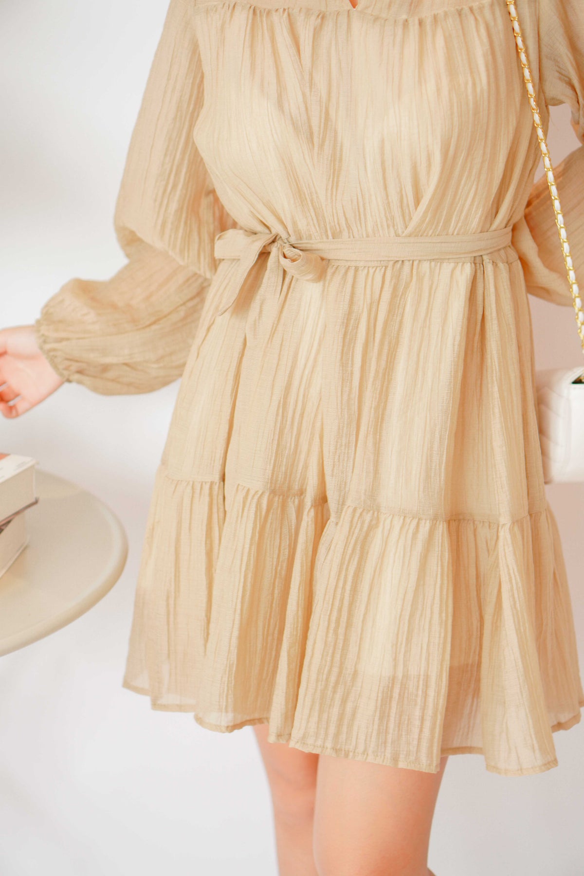 Alea Puffy Dress with Sash in Khaki
