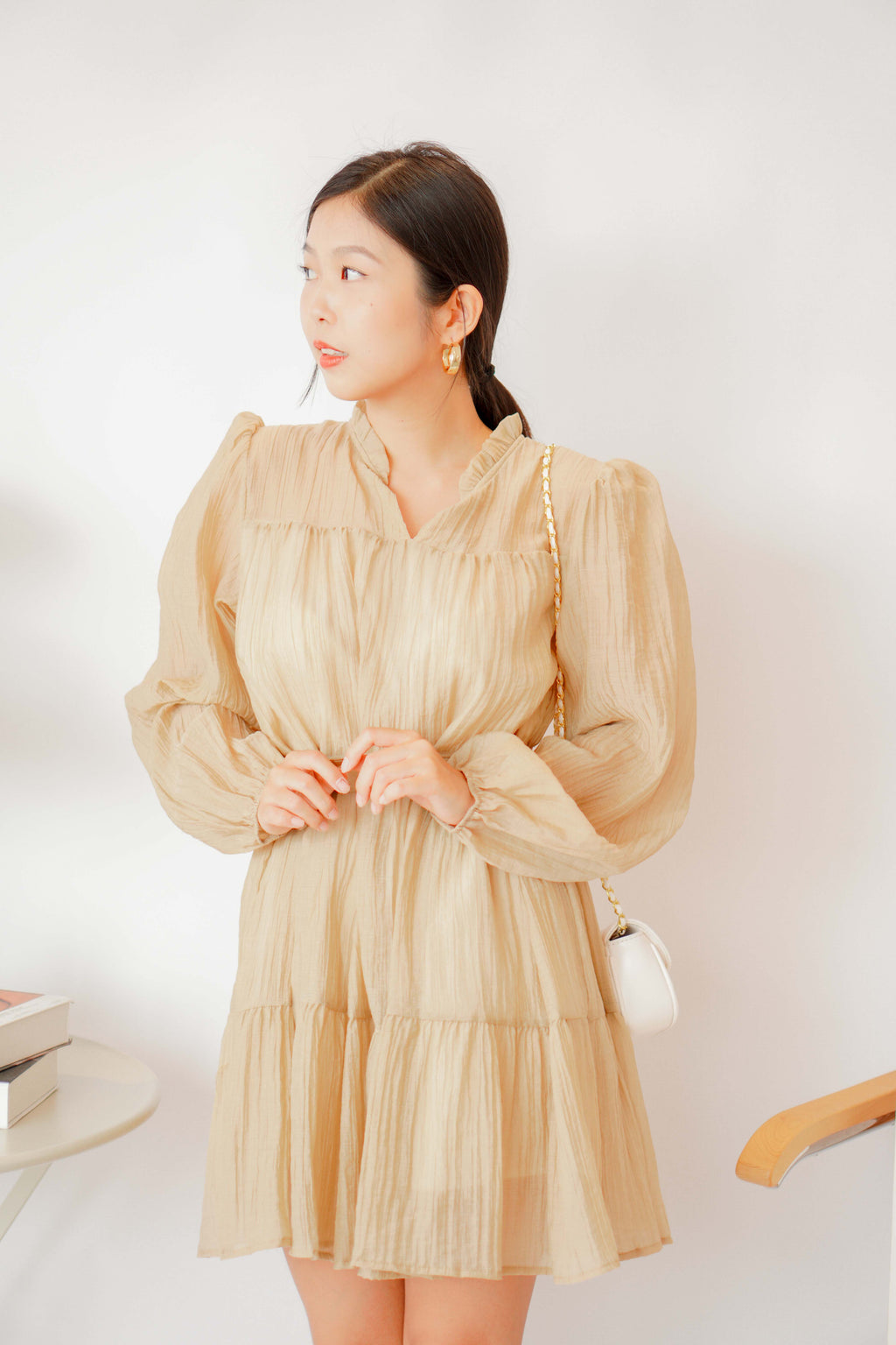 Alea Puffy Dress with Sash in Khaki