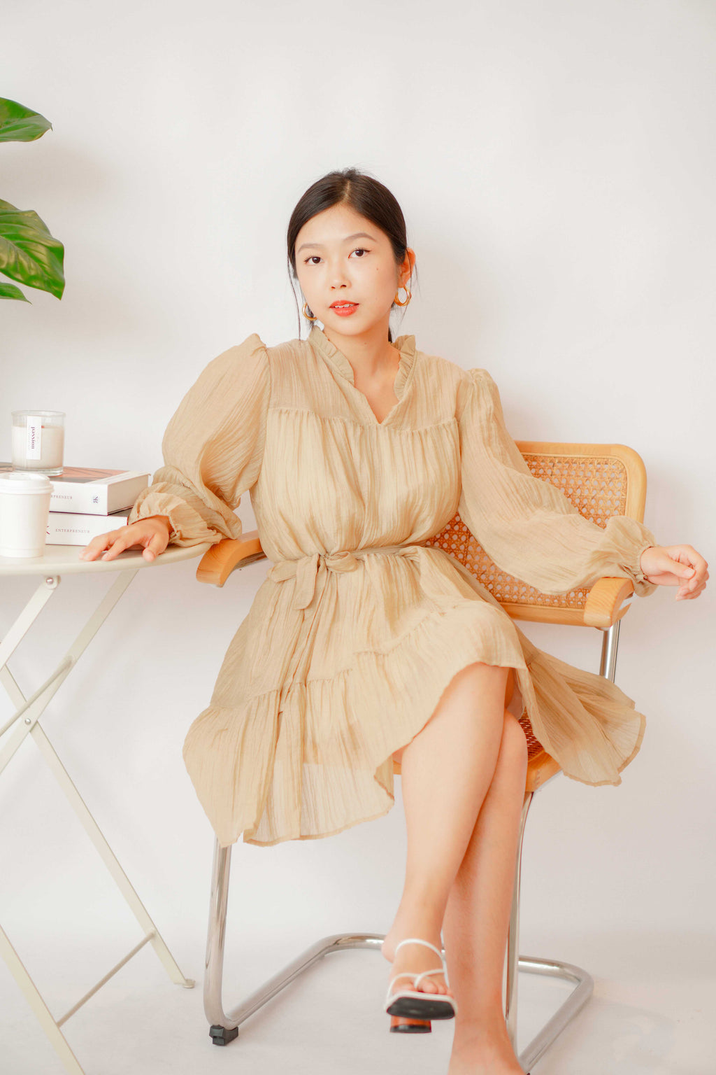 Alea Puffy Dress with Sash in Khaki