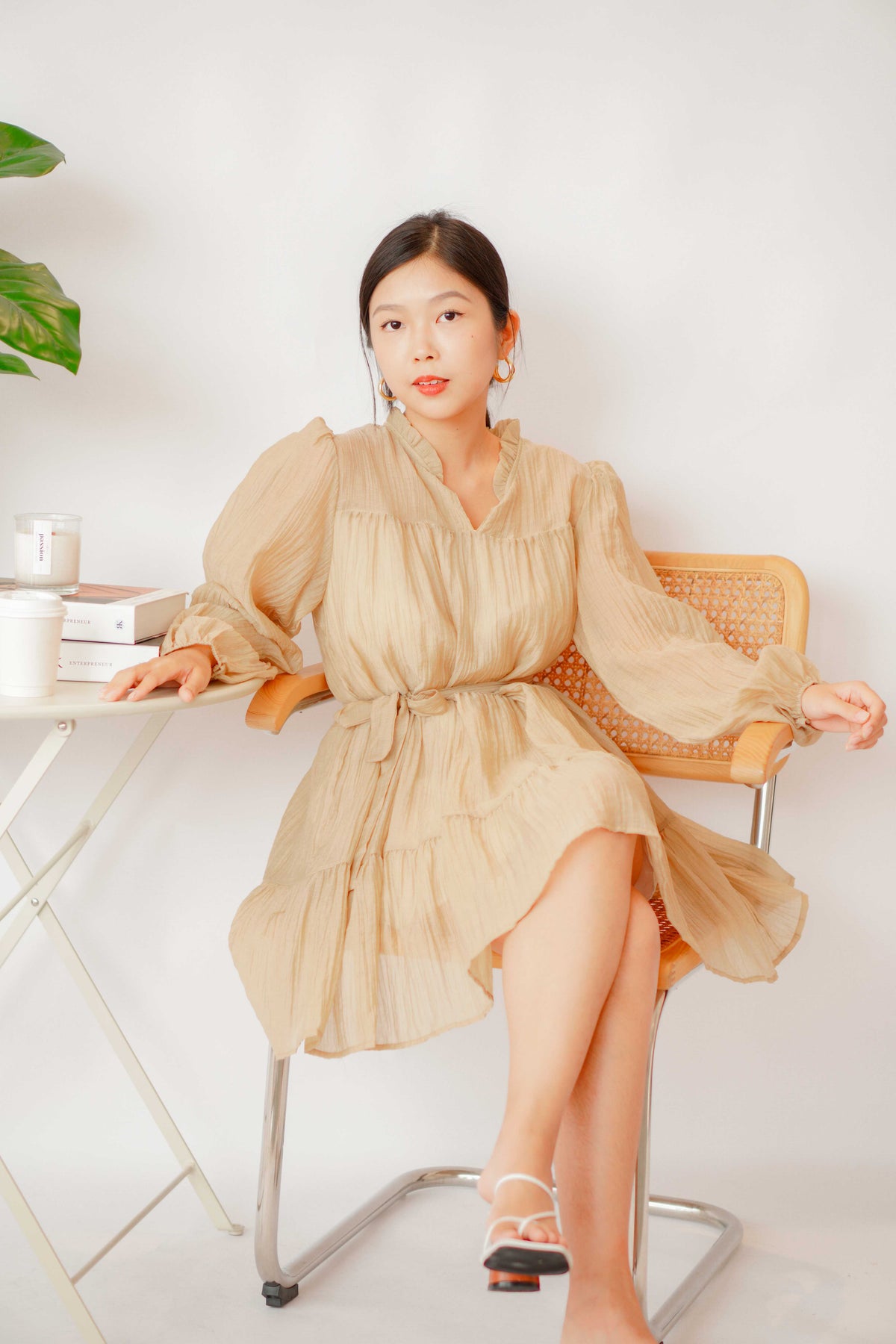 Alea Puffy Dress with Sash in Khaki