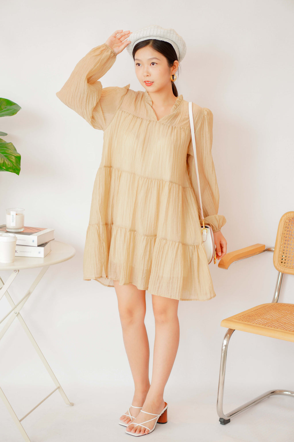 Alea Puffy Dress with Sash in Khaki