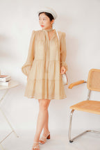 Alea Puffy Dress with Sash in Khaki