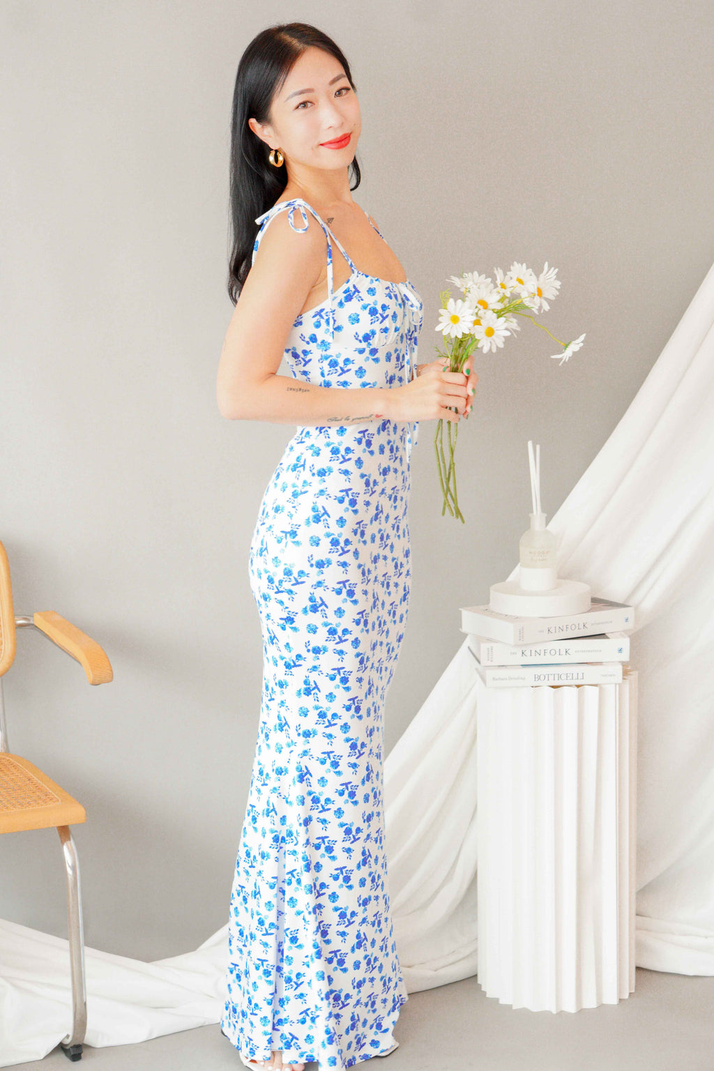 La Nusa Maxi Floral Dress in White with Blue Floral