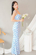 La Nusa Maxi Floral Dress in White with Blue Floral
