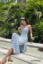 La Nusa Maxi Floral Dress in White with Blue Floral