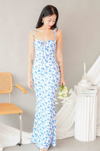 La Nusa Maxi Floral Dress in White with Blue Floral