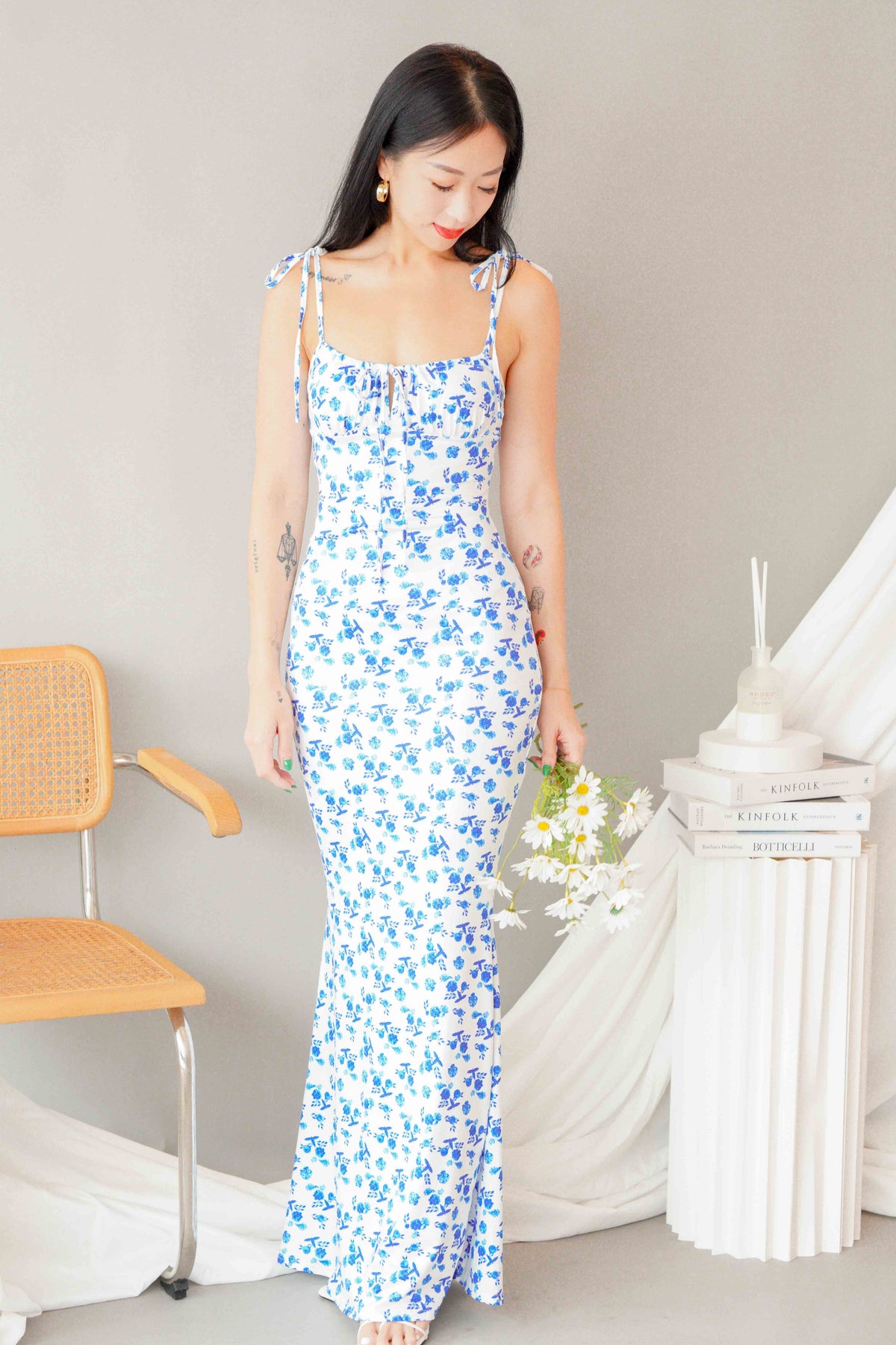 La Nusa Maxi Floral Dress in White with Blue Floral