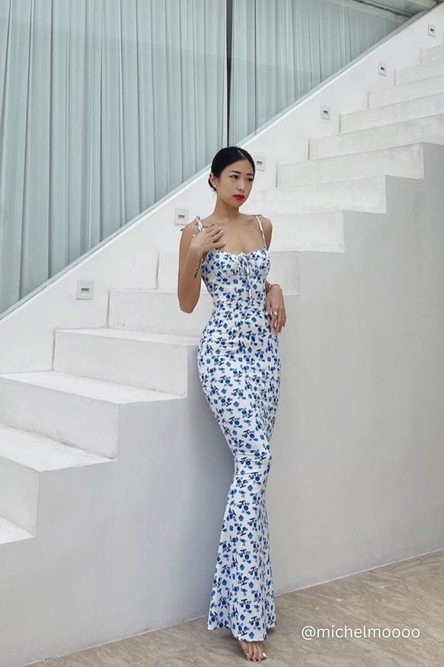 La Nusa Maxi Floral Dress in White with Blue Floral