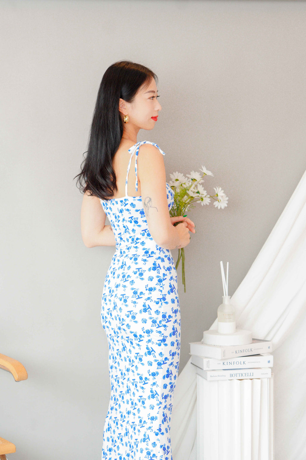 La Nusa Maxi Floral Dress in White with Blue Floral