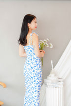 La Nusa Maxi Floral Dress in White with Blue Floral