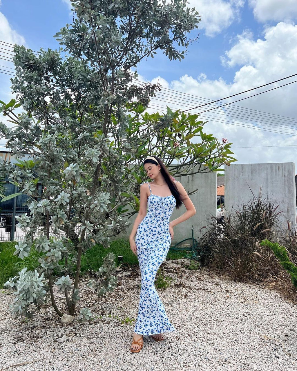 La Nusa Maxi Floral Dress in White with Blue Floral