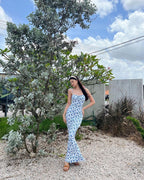 La Nusa Maxi Floral Dress in White with Blue Floral