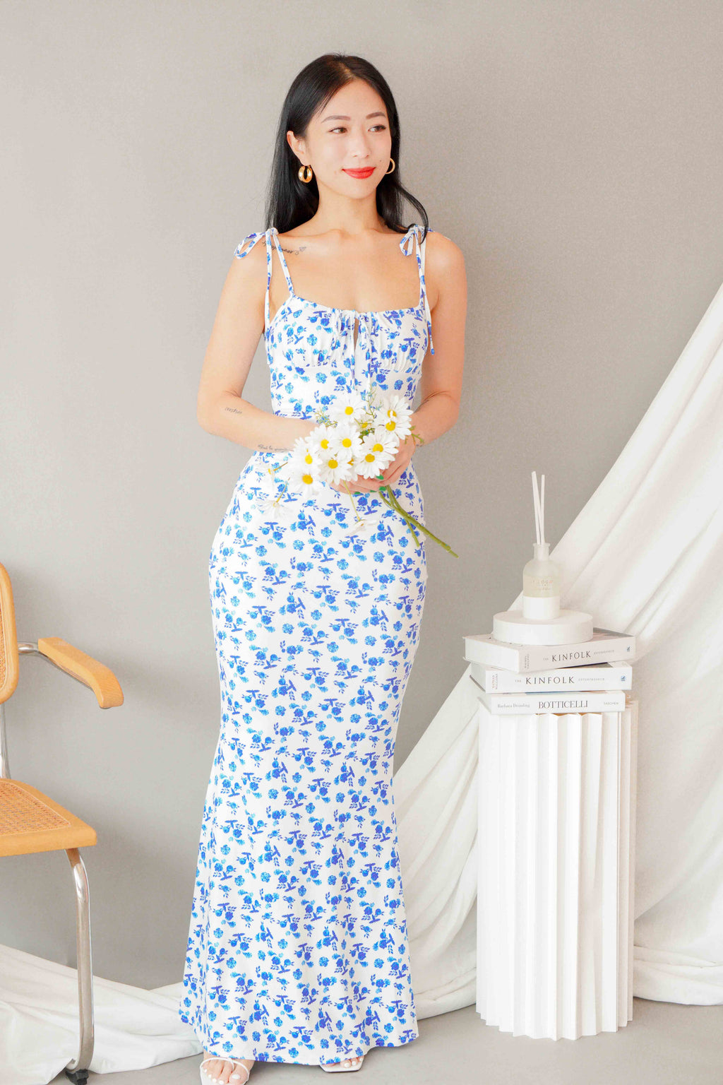 La Nusa Maxi Floral Dress in White with Blue Floral