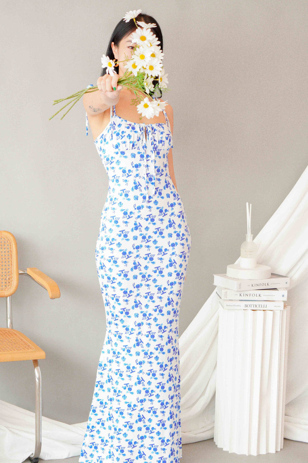 La Nusa Maxi Floral Dress in White with Blue Floral