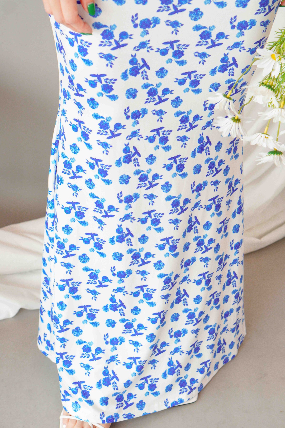 La Nusa Maxi Floral Dress in White with Blue Floral