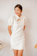 Ai Side Ruched Cheongsam in White With Puffy Sleeves