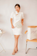 Ai Side Ruched Cheongsam in White With Puffy Sleeves