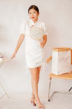 Ai Side Ruched Cheongsam in White With Puffy Sleeves