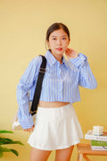 (BACKORDER) Line Up Collar Long Sleeve Crop Top in Blue Stripes