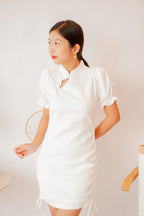 Ai Side Ruched Cheongsam in White With Puffy Sleeves