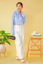 (BACKORDER) Line Up Collar Long Sleeve Crop Top in Blue Stripes