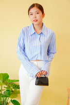 (BACKORDER) Line Up Collar Long Sleeve Crop Top in Blue Stripes