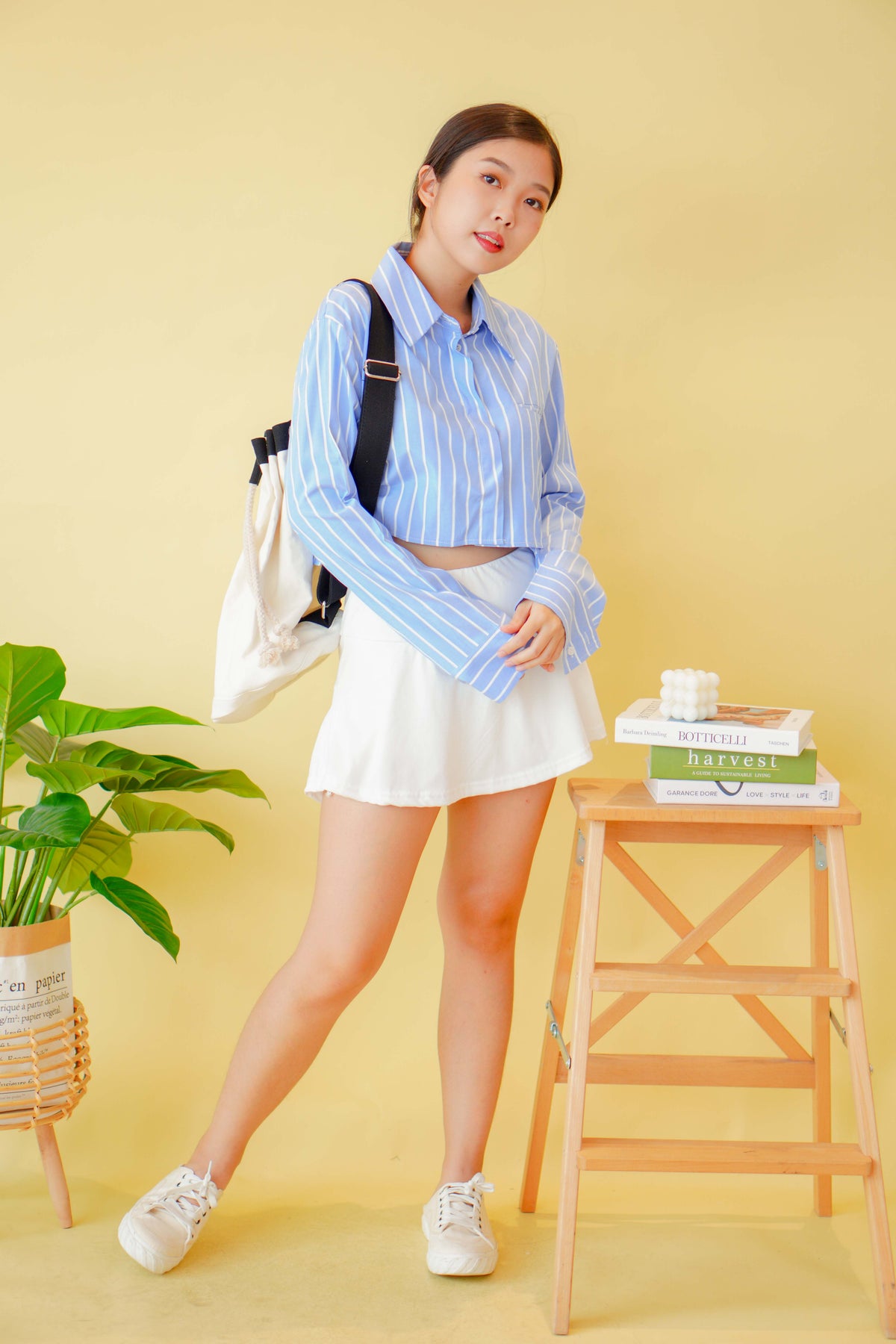 (BACKORDER) Line Up Collar Long Sleeve Crop Top in Blue Stripes