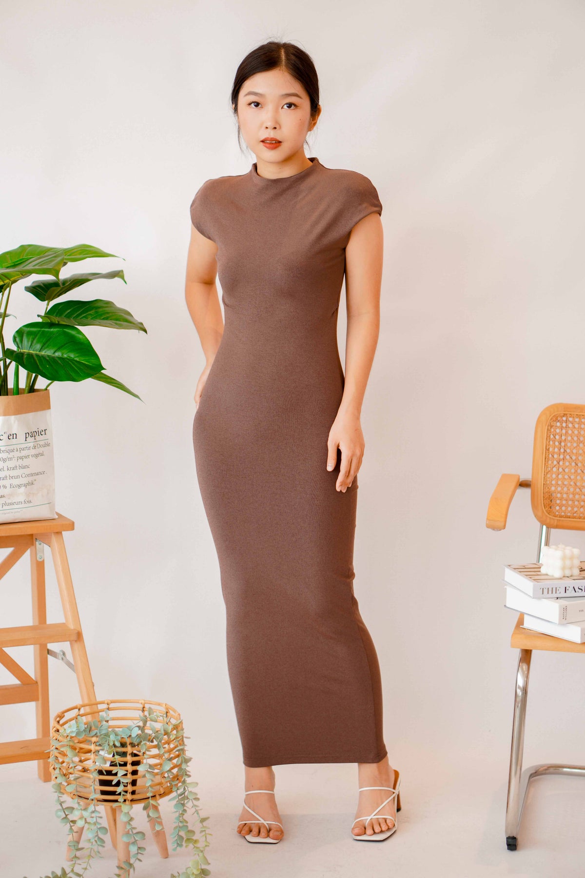 (BACKORDER) Maurine High Neck Bodycon Maxi Dress in Brown