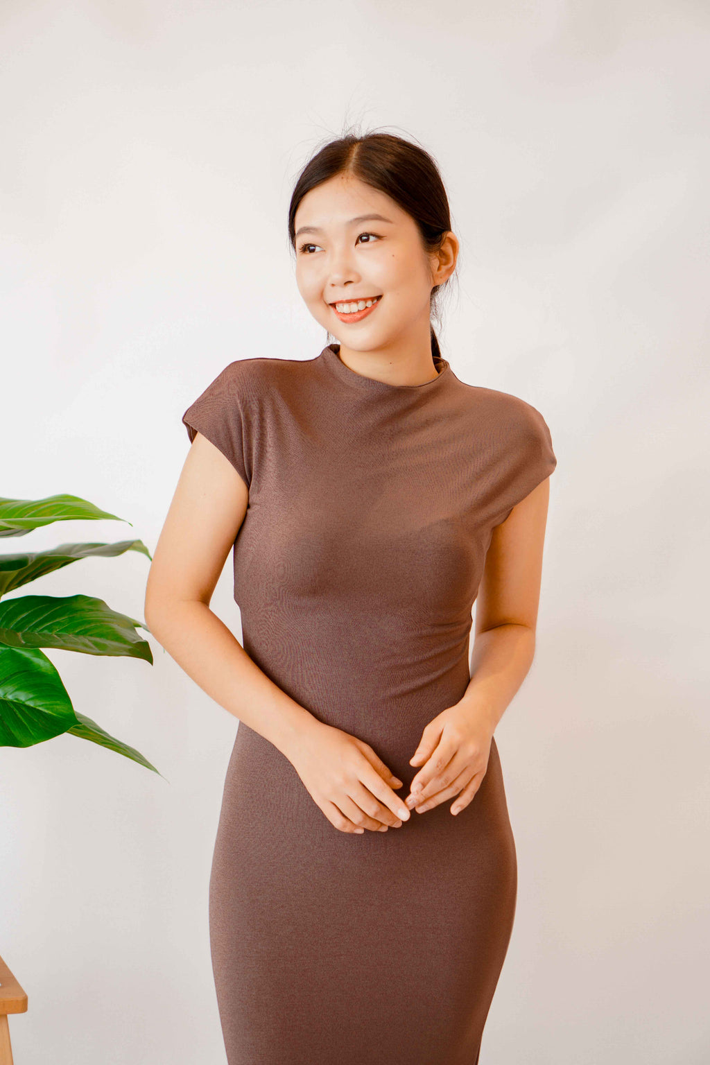 (BACKORDER) Maurine High Neck Bodycon Maxi Dress in Brown