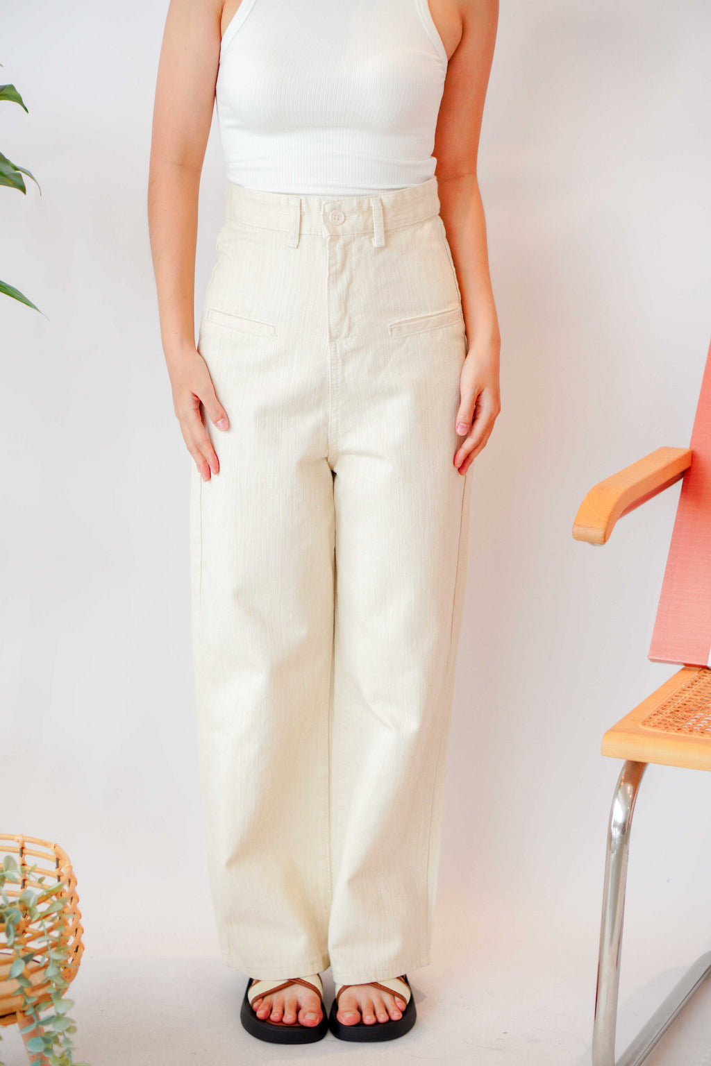Noelle High Waisted Pants with Front Pockets in Cream