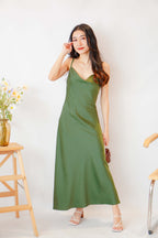 Scarlette Cowl Neck Satin Slip Dress in Green