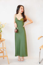 Scarlette Cowl Neck Satin Slip Dress in Green