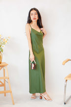 Scarlette Cowl Neck Satin Slip Dress in Green