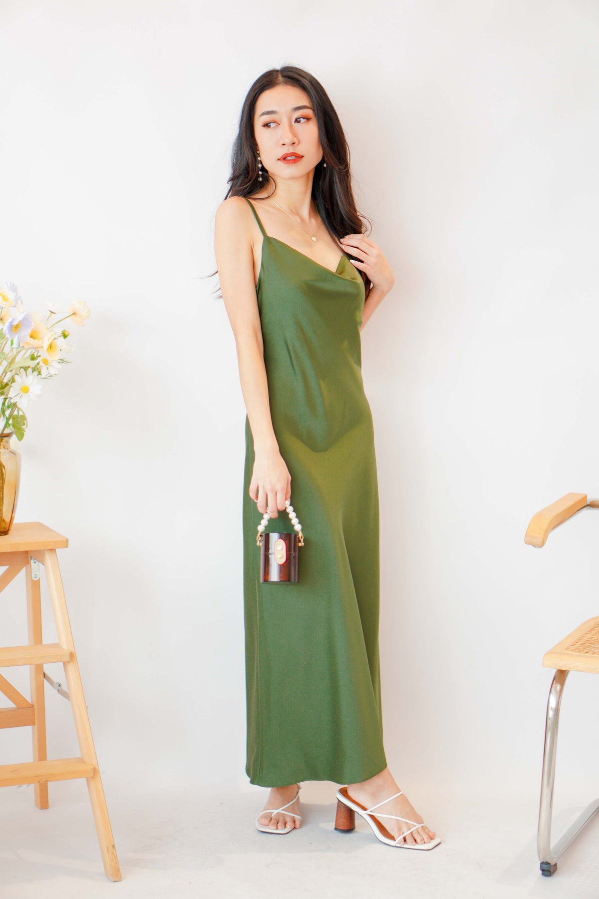 Scarlette Cowl Neck Satin Slip Dress in Green