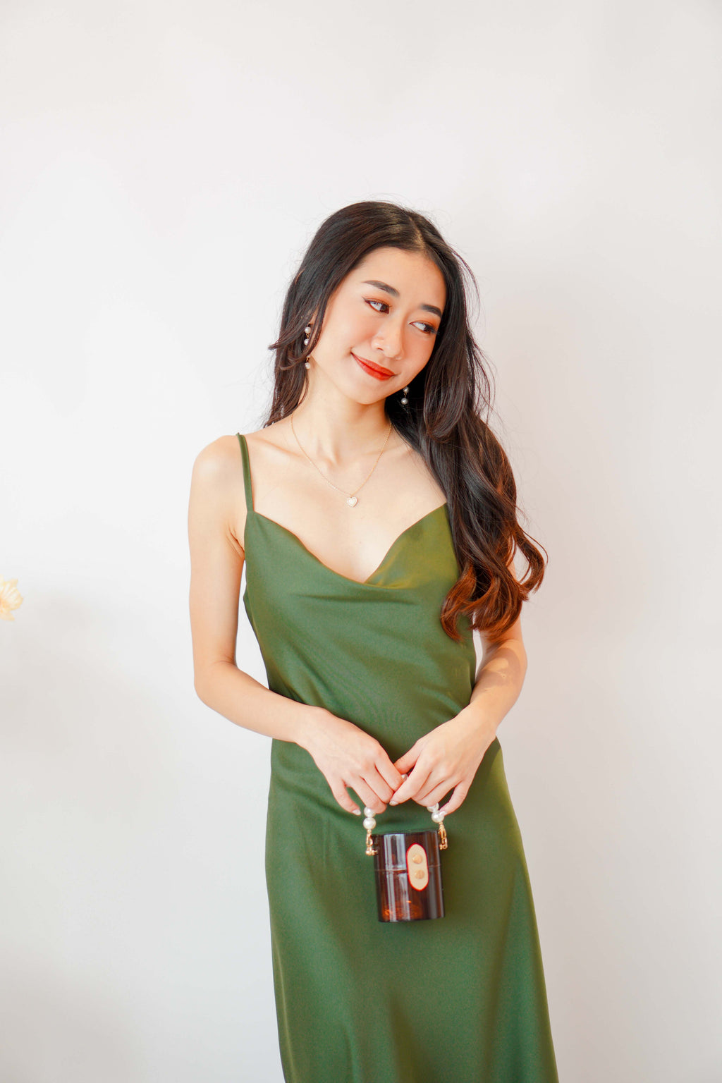 Scarlette Cowl Neck Satin Slip Dress in Green