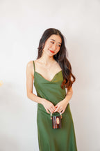 Scarlette Cowl Neck Satin Slip Dress in Green