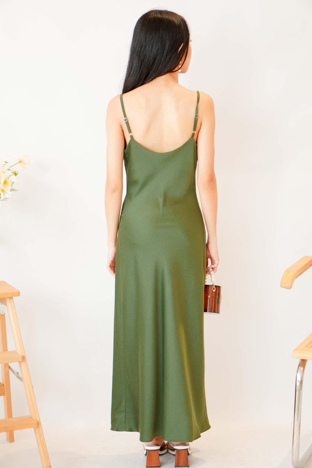 Scarlette Cowl Neck Satin Slip Dress in Green