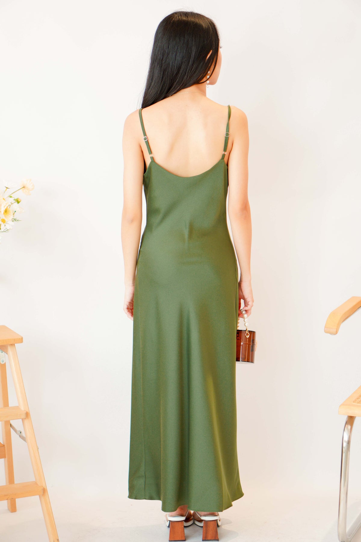 Scarlette Cowl Neck Satin Slip Dress in Green