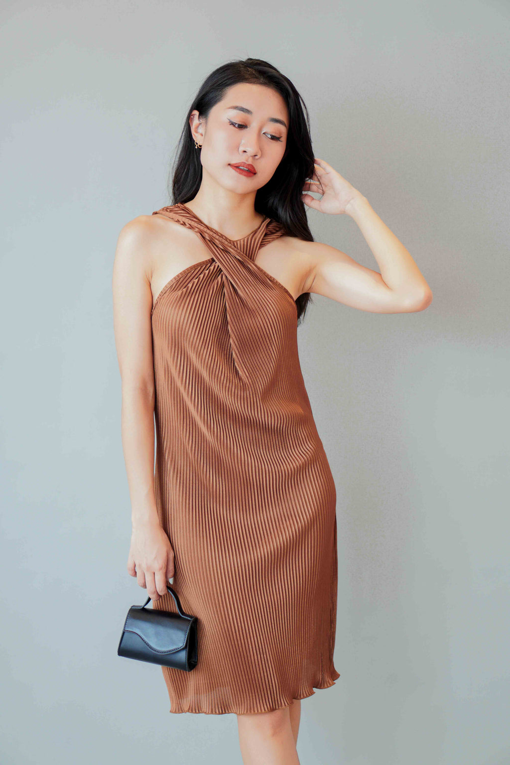 Amee Halter Pleated Dress in Brown