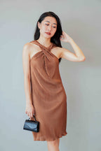 Amee Halter Pleated Dress in Brown