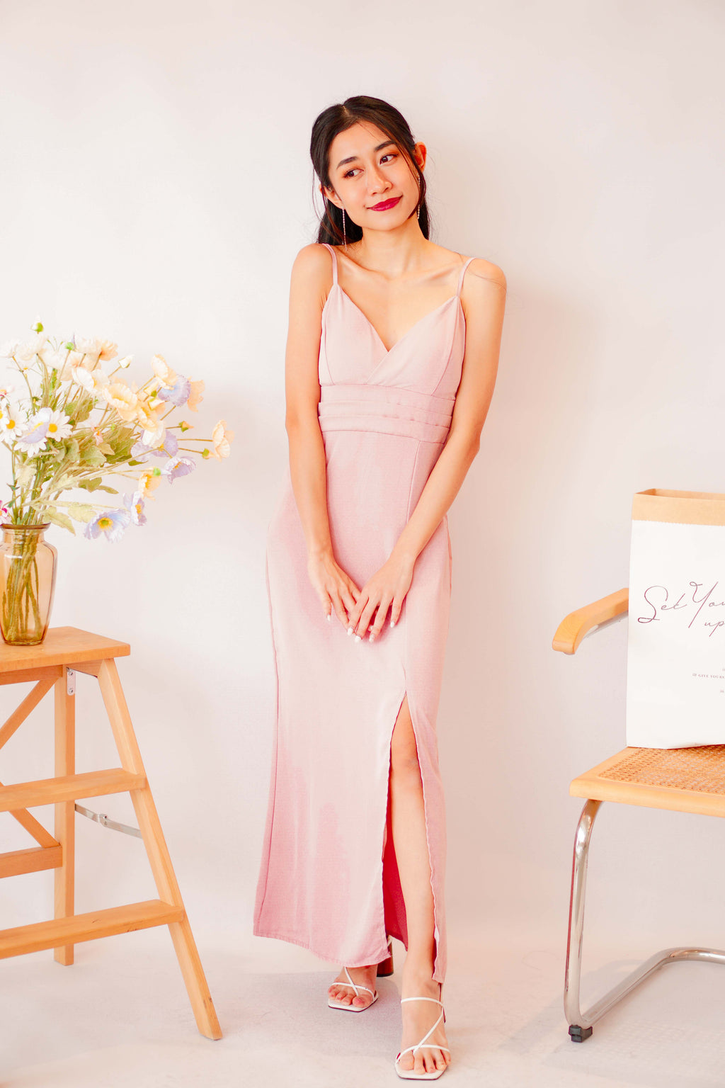 Love Rosie Padded Slit Maxi Dress in Pink