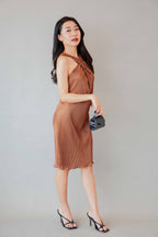 Amee Halter Pleated Dress in Brown