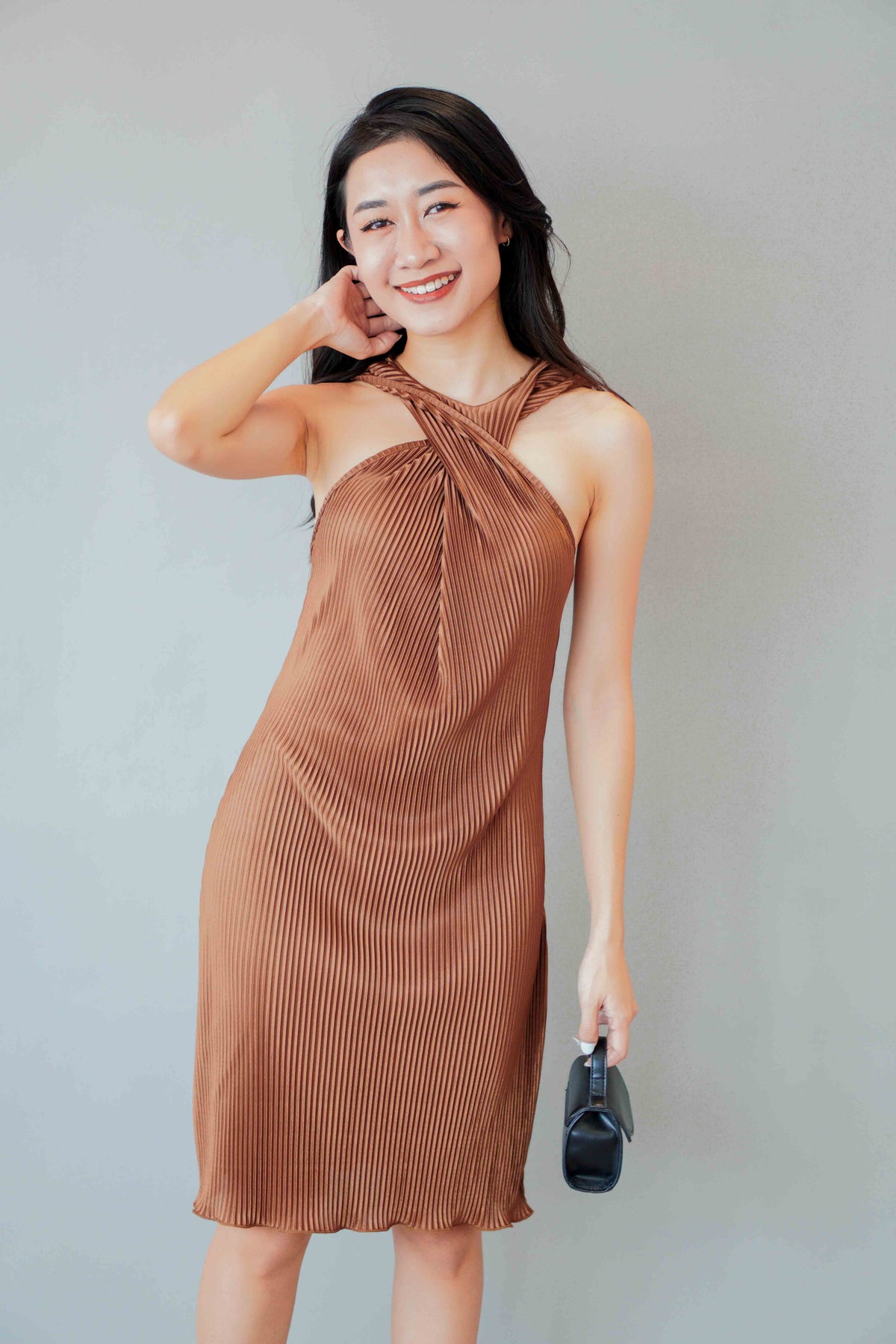 Amee Halter Pleated Dress in Brown