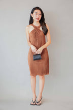 Amee Halter Pleated Dress in Brown