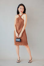 Amee Halter Pleated Dress in Brown